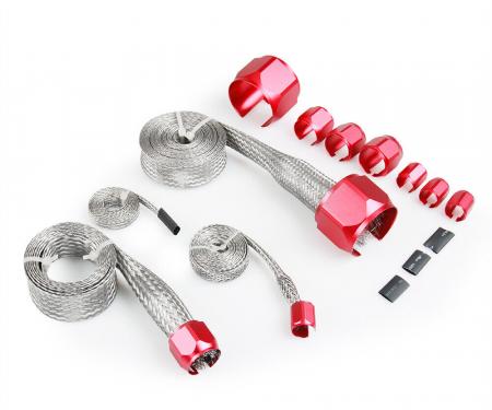 Redline Restomotive® Universal Hose Cover Kit, Stainless Steel Braided, with Red Clamps