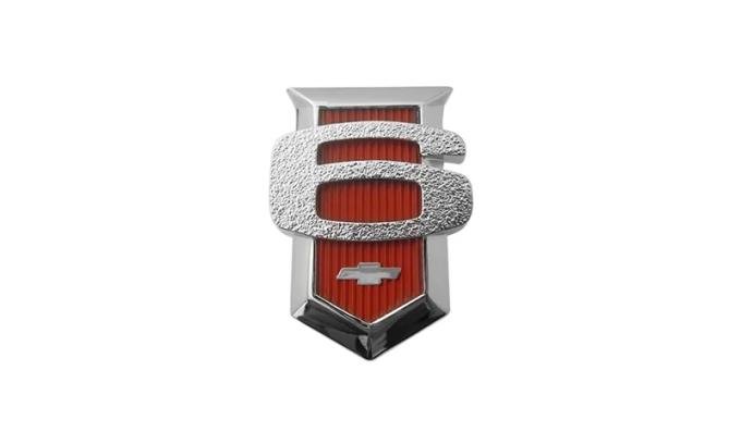 AMD Fender Emblem Shields, Red 6, Pair, 62-64 Chevy II Nova T-3018