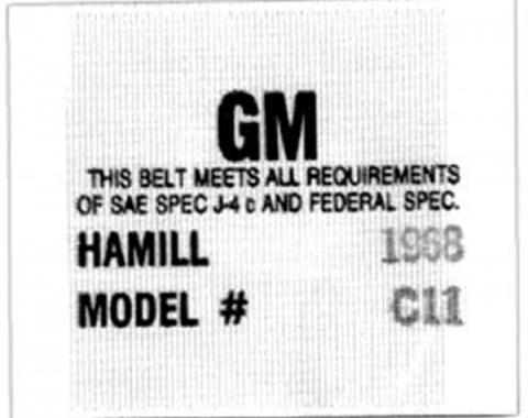 Nova Seat Belt Label, Woven, OE Style Hamill C-11, 1968
