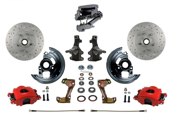 Leed Brakes 1962-1967 Chevrolet Chevy II Manual Kit with 2" Drop Spindles Drilled Rotors and Red Powder Coated Calipers RFC1007-FA3X