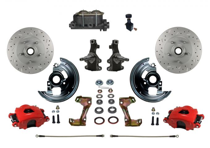 Leed Brakes 1962-1967 Chevrolet Chevy II Manual Kit with 2" Drop Spindles Drilled Rotors and Red Powder Coated Calipers RFC1007-305X