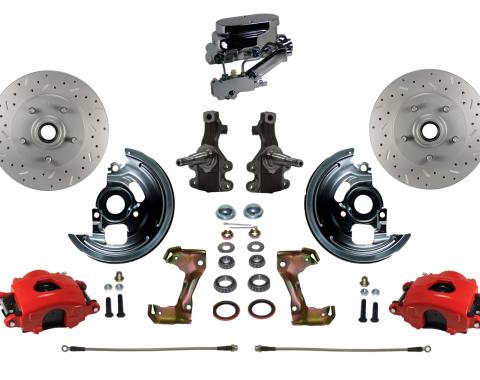 Leed Brakes 1962-1967 Chevrolet Chevy II Manual Kit with 2" Drop Spindles Drilled Rotors and Red Powder Coated Calipers RFC1007-FA3X