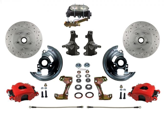 Leed Brakes 1962-1967 Chevrolet Chevy II Manual Kit with 2" Drop Spindles Drilled Rotors and Red Powder Coated Calipers RFC1007-3A1X