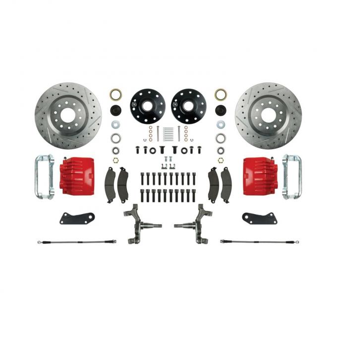 Right Stuff 2" Drop Front Wheel Kit with Spindles, Drilled & Slotted Rotors, Red Twin Piston Calipers and Stainless Hoses for 64-72 GM A-Body, 67-69 F-Body and 68-74 Nova. AFXWK31DZ