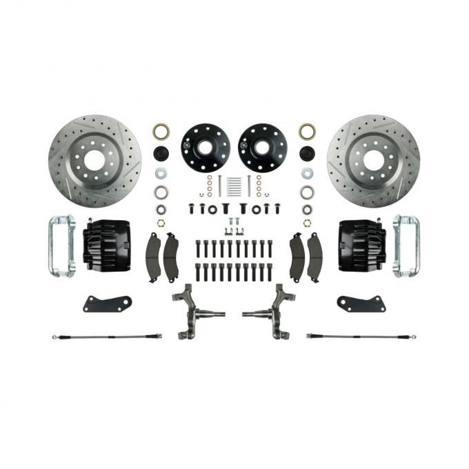 Right Stuff 2" Drop Front Wheel Kit with Spindles, Drilled & Slotted Rotors, Black Twin Piston Calipers and Stainless Hoses for 64-72 GM A-Body, 67-69 F-Body and 68-74 Nova. AFXWK31DS