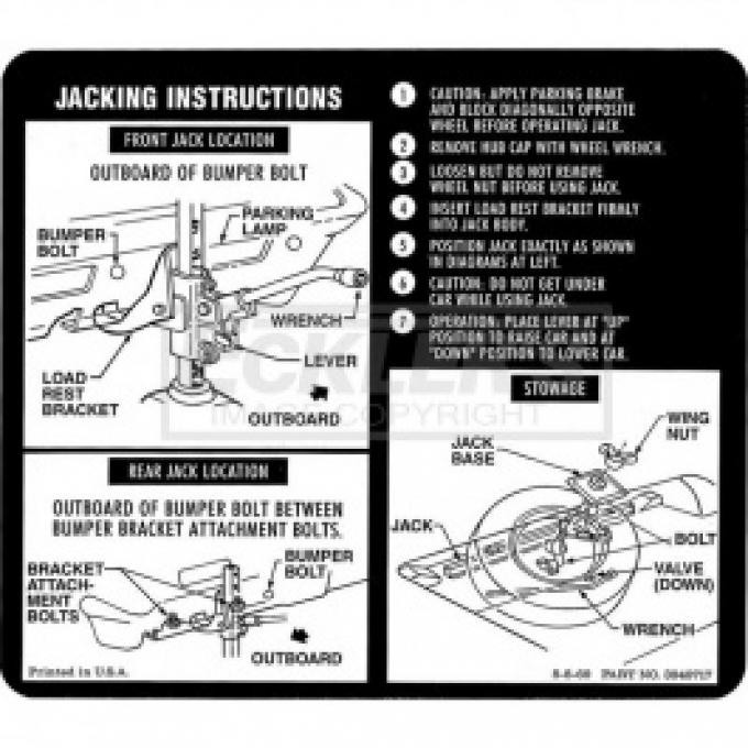 Nova Jack Instruction Decal, Regular Wheel, 1972