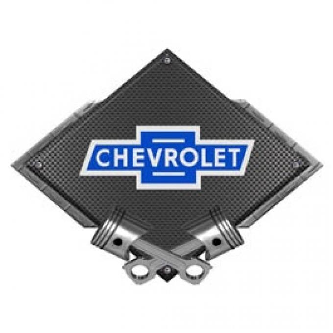 Chevrolet Vintage Bowtie Metal Sign, Black Carbon Fiber, Crossed Pistons, 25 X 19