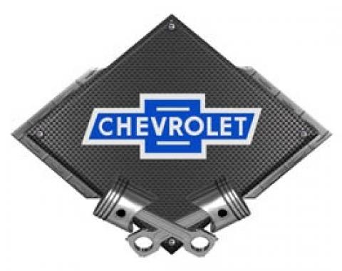 Chevrolet Vintage Bowtie Metal Sign, Black Carbon Fiber, Crossed Pistons, 25 X 19