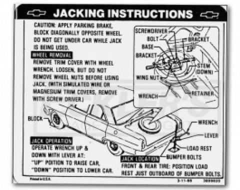 1967 Nova And Chevy II Jack Instruction Decal, Regular Wheel, Coupe And Sedan