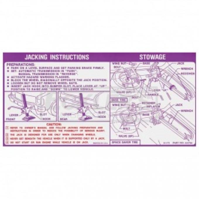 Nova Jack Instruction Decal, Regular And Space Saver Wheel, 1973