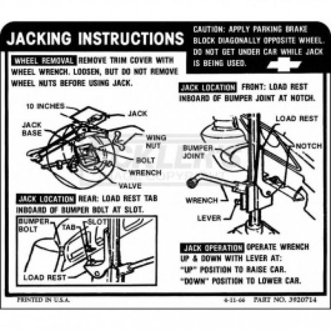 Nova And Chevy II Jack Instruction Decal, Regular Wheel, 1968-1969