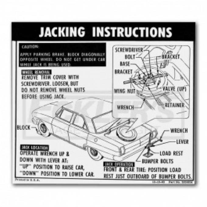1964-1965 Nova And Chevy II Jack Instruction Decal, Regular Wheel, Coupe And Sedan