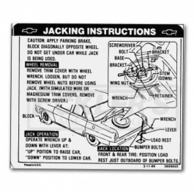 1967 Nova And Chevy II Jack Instruction Decal, Regular Wheel, Coupe And Sedan