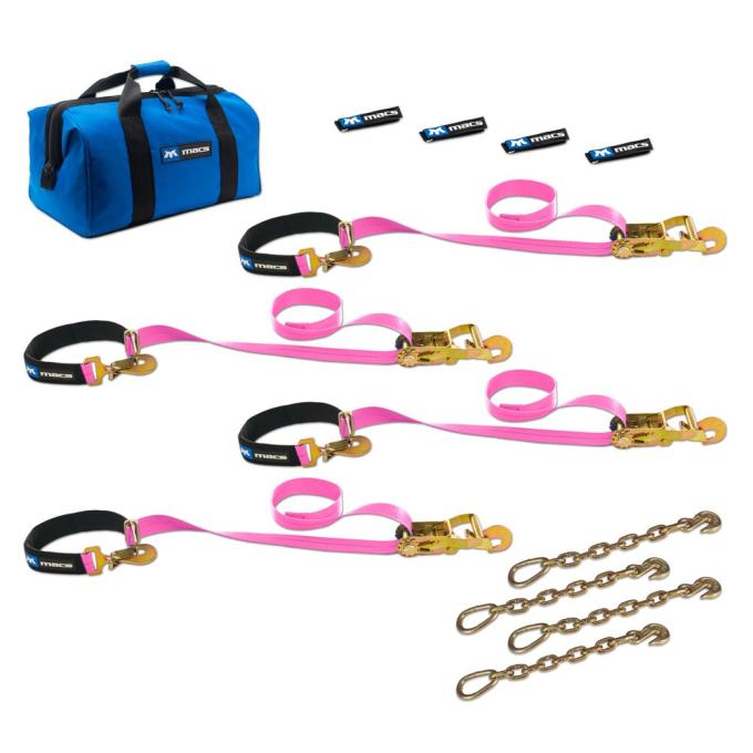 Race Ramps 2 x 8 Super Pack Tie-Down Strap Kit with Integrated Axle Straps, Direct Hook Ends & Chain Extensions - Pink 519128