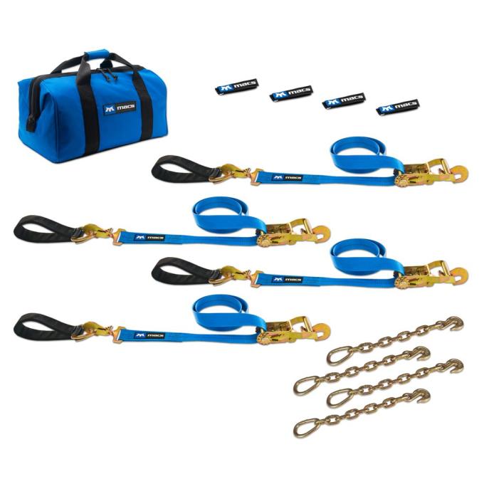 Race Ramps 2 x 8 Ultra Pack Tie-Down Straps with Detachable Axle Straps, Direct Hook Ends & Chain Extensions - Blue 512228