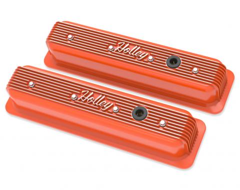 Holley Vintage Finned Valve Cover, "" Script, SBC, Center Bolt, Factory Orange Machined 241-249