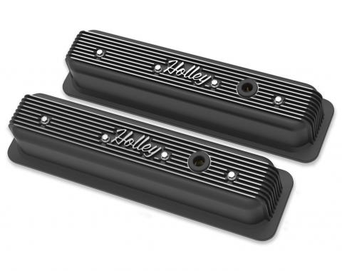 Holley Vintage Finned Valve Cover, "" Script, SBC, Center Bolt, Satin Black Machined 241-247