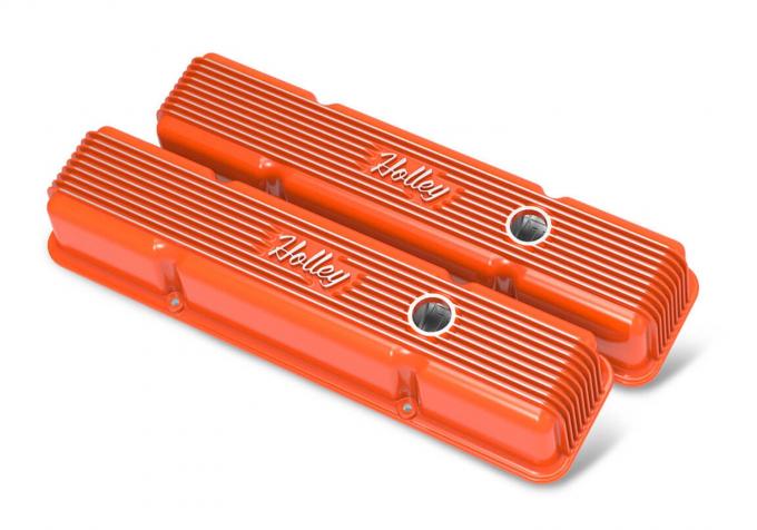 Holley Vintage Series Finned Valve Covers, with Emissions, SBC, Factory Orange Machined Finish 241-239