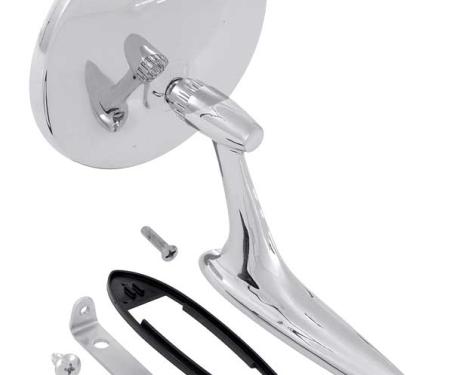 1963-65 Impala, Bel Air, Chevelle, Chevy II Nova, Corvette, Chrome Outer Door Mirror, with Bow Tie, w/Gasket & Hardware, RH or LH, Each, "Show Quality"