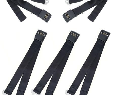 OER 1964-66 Nova, 1966 Impala Chevelle, Standard Seat Belt Set, Front & Rear, Gold Decals, Black, 5 Piece Set *R190
