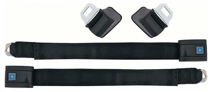 OER 1968-72 GM Retractable Seat Belts, Silver Starburst Blue Button, Black Belts, LH And RH, Pair *R194