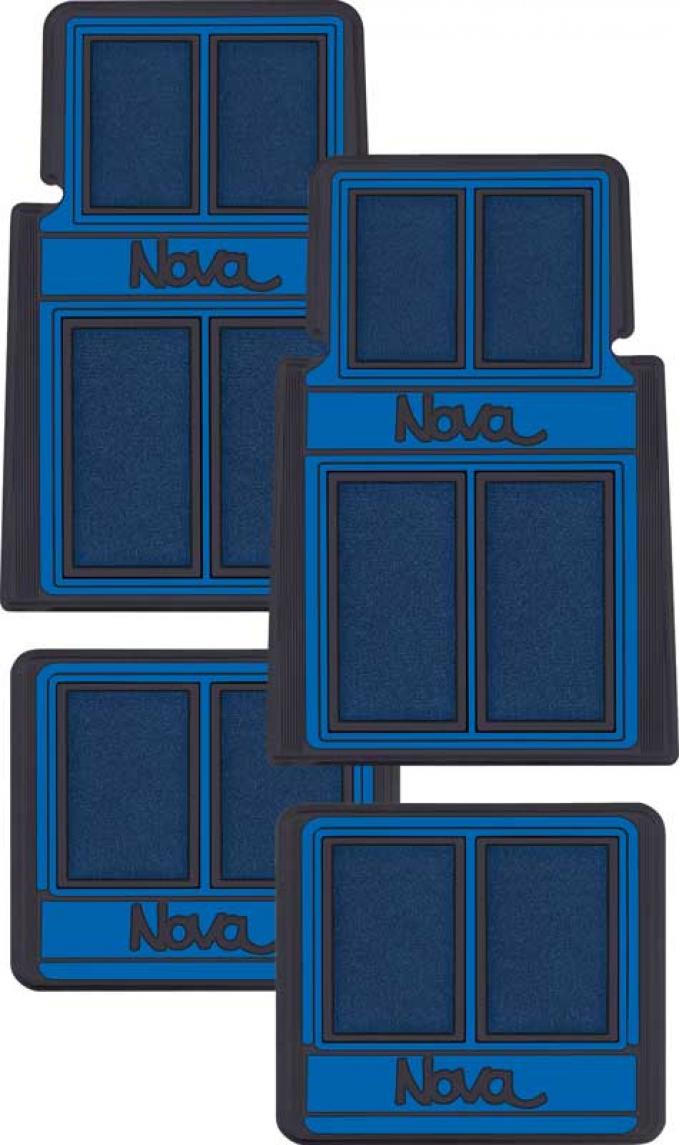 OER 1962-79 Nova, Carpet Floor Mat Set, "Nova" Script Lettering, Blue / Black, 4 Piece Set K75908