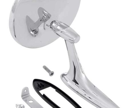 1963-65 Impala, Bel Air, Chevelle, Chevy II Nova, Corvette, Chrome Outer Door Mirror, with Bow Tie, w/Gasket & Hardware, RH or LH, Each, "Show Quality"