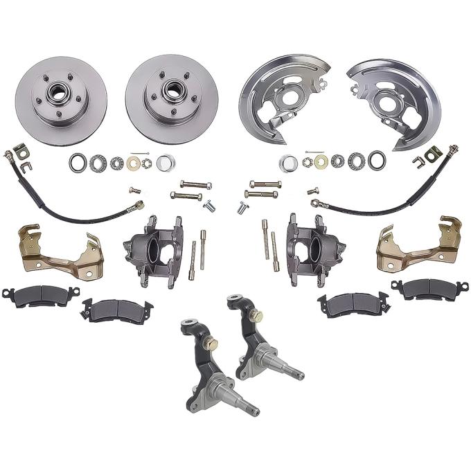 1964-74 GM A, F, X-Body, Front Disc Brake Kit, With Spindles, Plain Rotors, Natural Finish Calipers