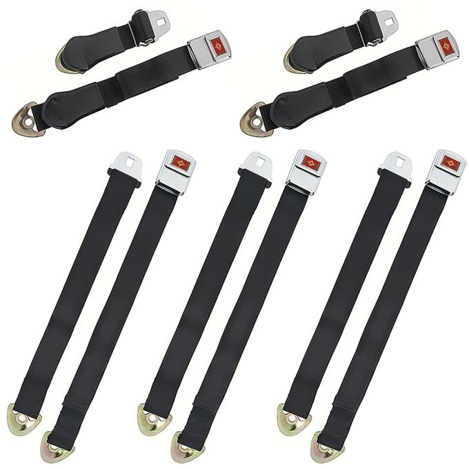 1965-66 Impala, Caprice Nova, Chevelle, Deluxe Seat Belt Set, Gold Starburst, Black, 5-Piece Set