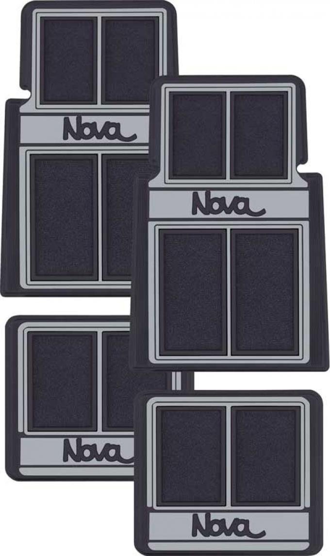 OER 1962-79 Nova, Carpet Floor Mat Set, "Nova" Script Lettering, Black / Gray, 4 Piece Set K75901