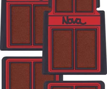 OER 1962-79 Nova, Carpet Floor Mat Set, "Nova" Script Lettering, Red / Black, 4 Piece Set K75902