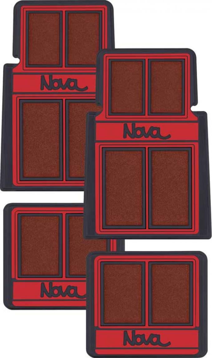 OER 1962-79 Nova, Carpet Floor Mat Set, "Nova" Script Lettering, Red / Black, 4 Piece Set K75902