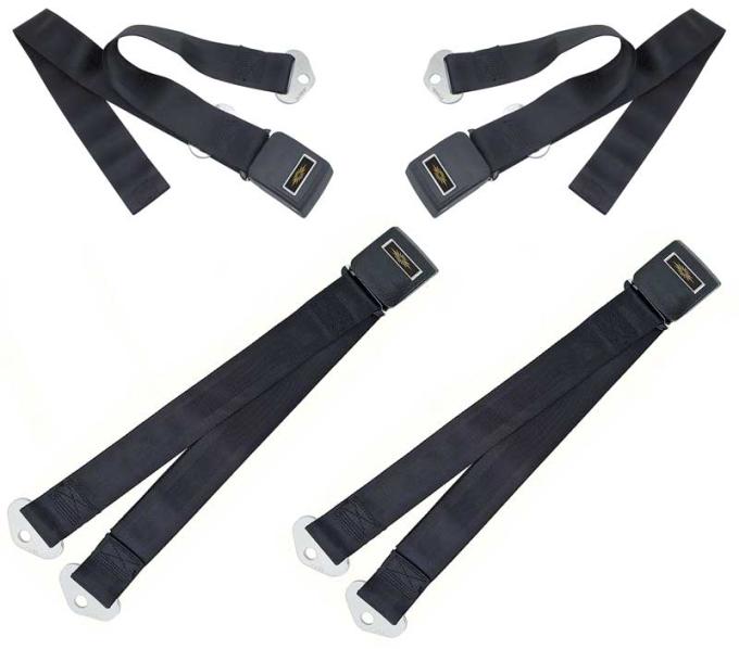 OER 1964-66 Nova, 1966 Impala, Caprice, Chevelle, Standard Front & Rear Seat Belt Set, Gold Decals, Black, 4 Piece Set *R190A